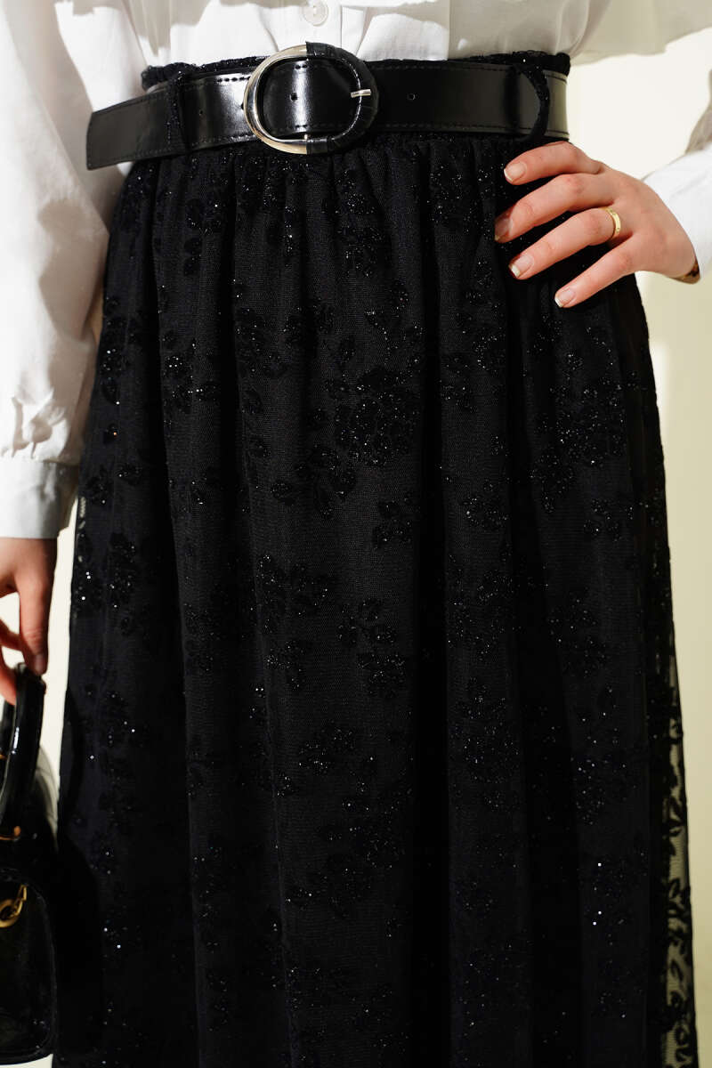 Kemerli Simli Kloş Tül Etek Siyah