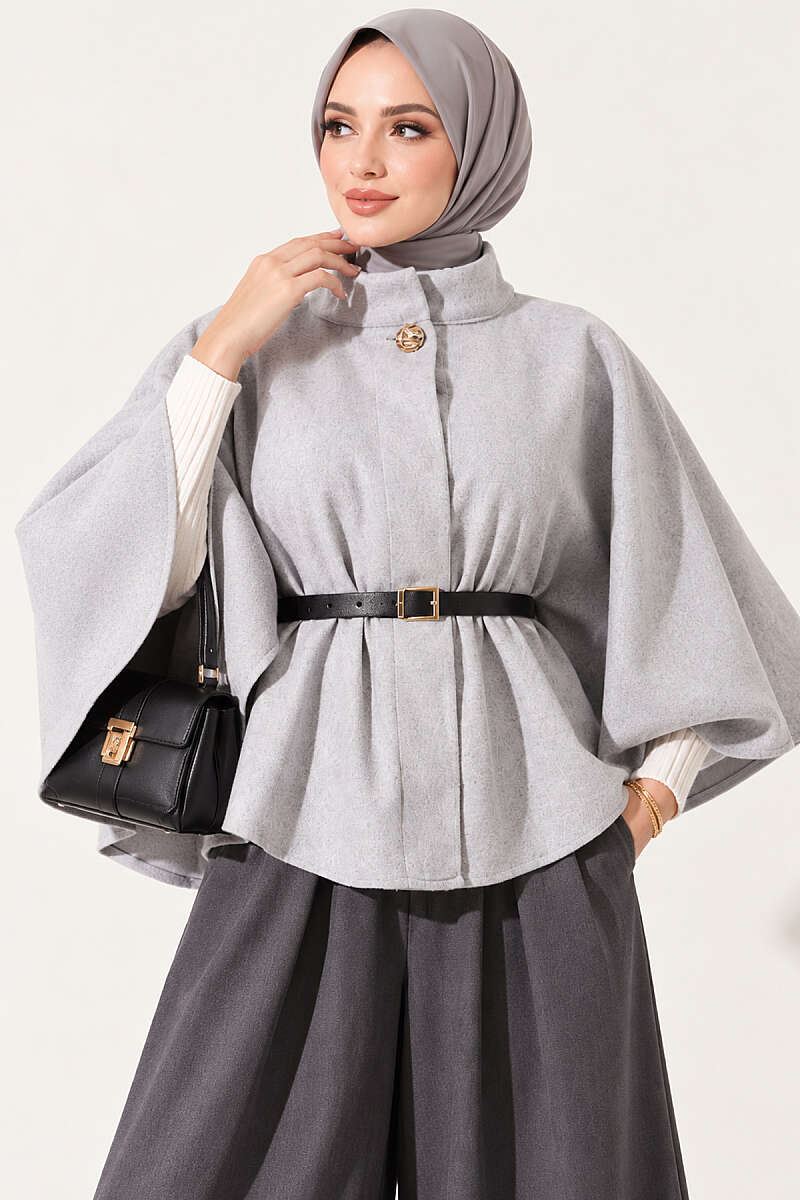 Belted Single Button Funnel Neck Poncho Beige