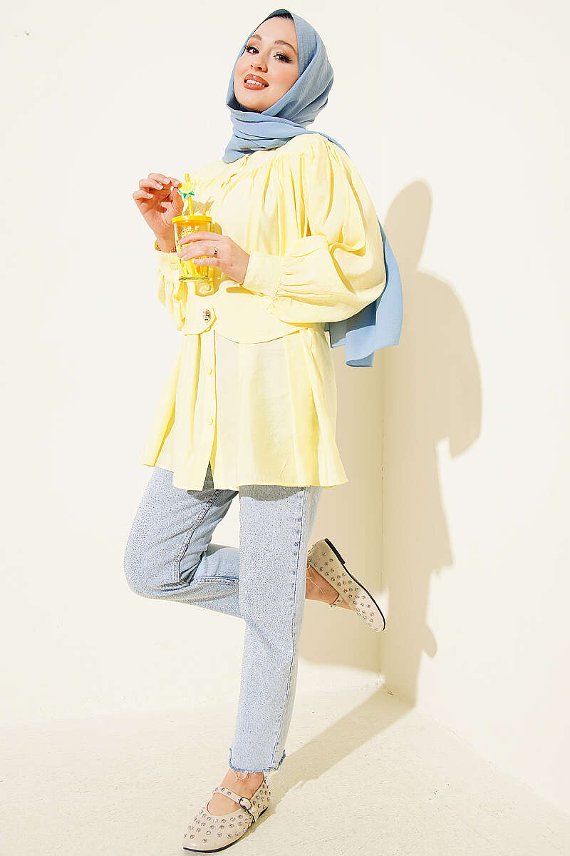 Kendinden Kemer Detaylı Gömlek Sarı