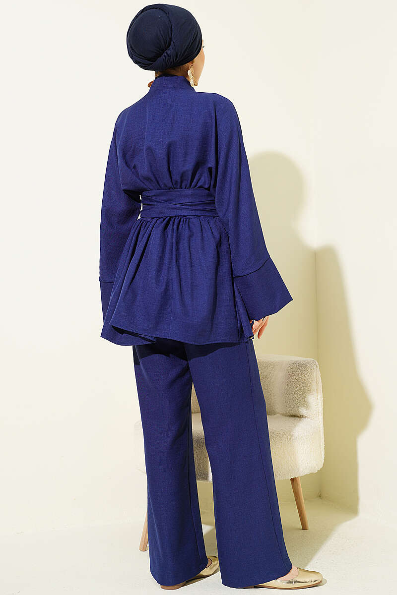 Kendinden Kuşaklı Kimono İkili Takım Lacivert