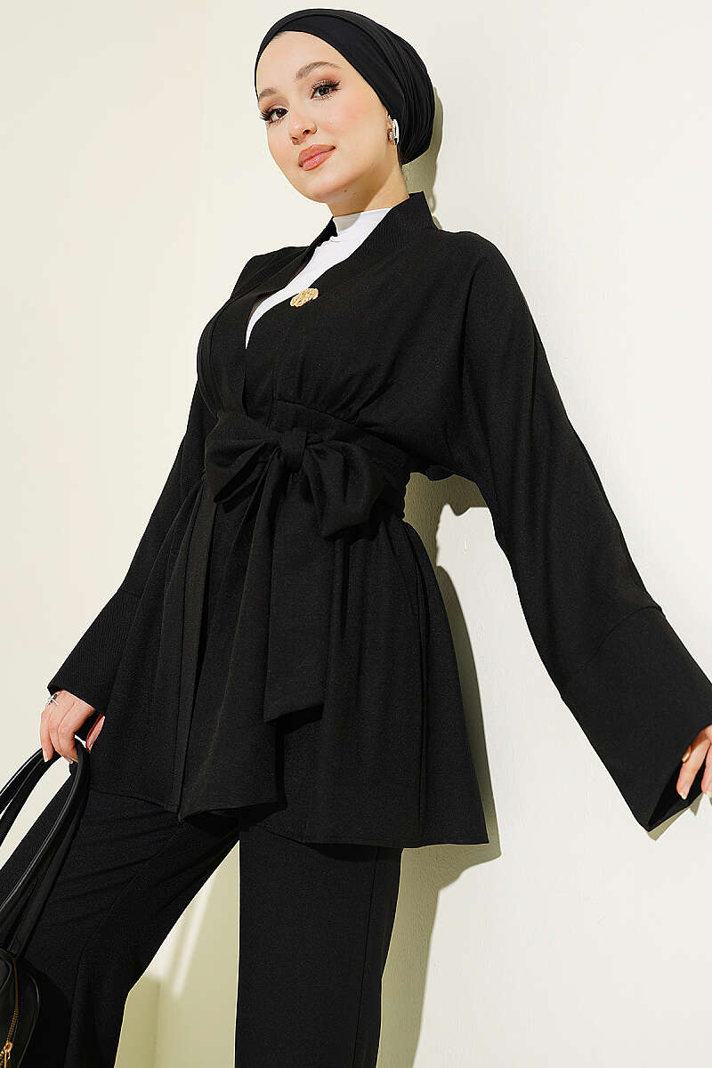 Kendinden Kuşaklı Kimono İkili Takım Siyah