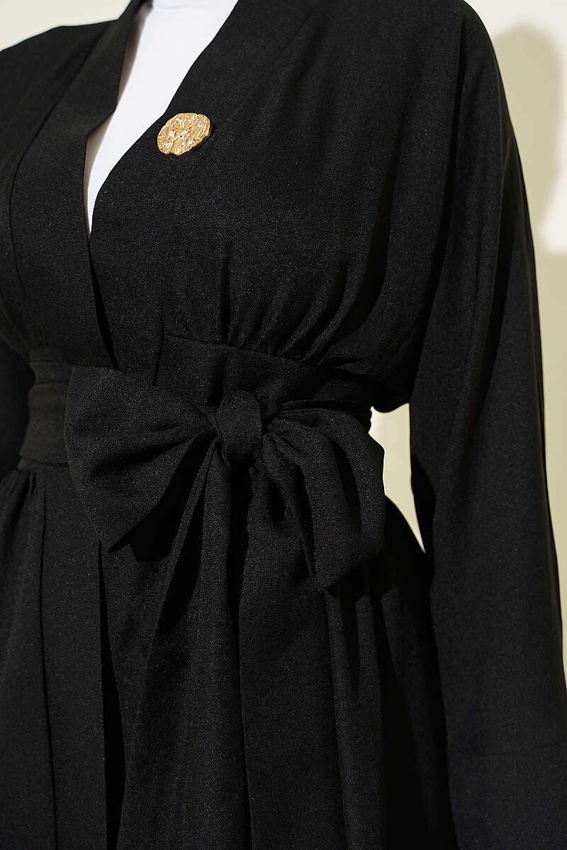 Kendinden Kuşaklı Kimono İkili Takım Siyah