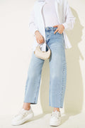 Kesik Paça Baggy Fit Kot Pantolon Açık Kar