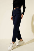 Kesik Paça Mom Jeans Pantolon Lacivert