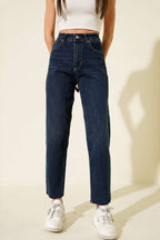 Kesik Paça Mom Jeans Pantolon Mavi