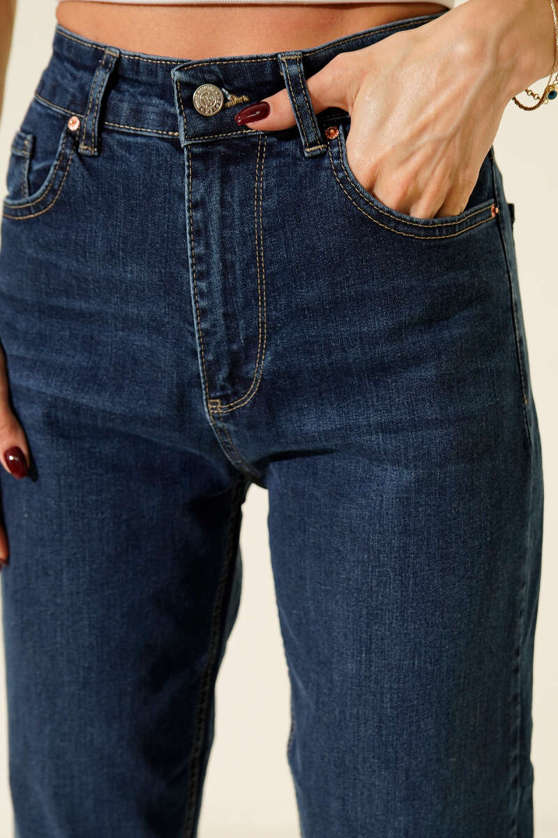 Kesik Paça Mom Jeans Pantolon Mavi