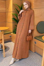Full-Front Buttoned Abaya with Bias Trim on Sleeves Bordeaux