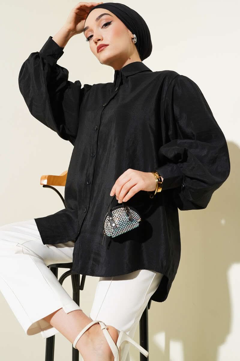 Crinkle Texture Balloon Sleeve Shirt