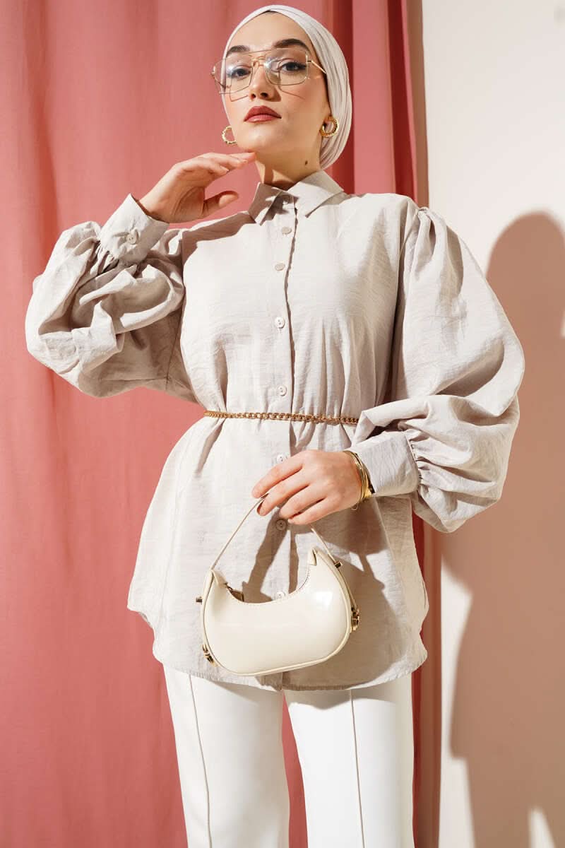 Crinkle Texture Balloon Sleeve Shirt