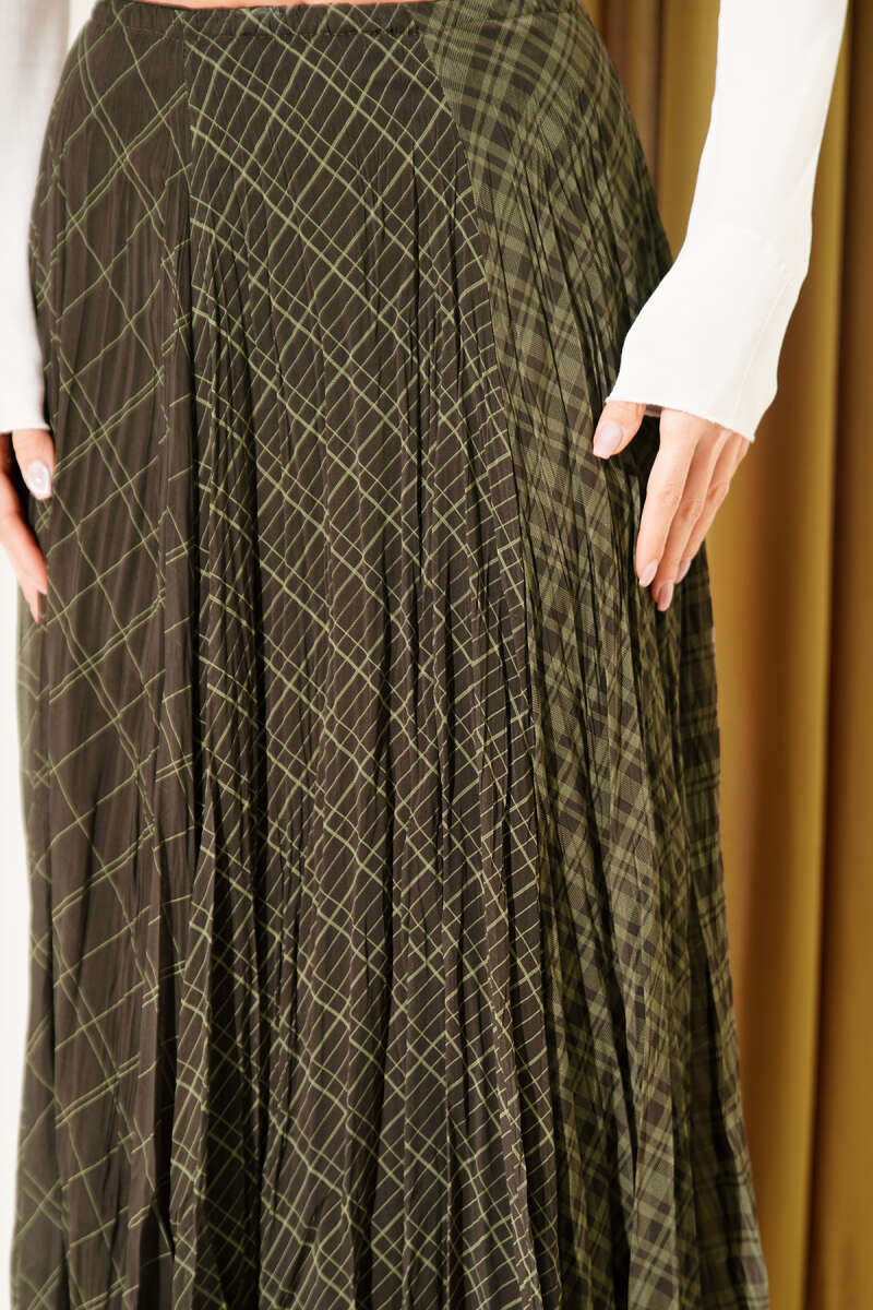 Crinkled Chiffon Plaid Midi Skirt