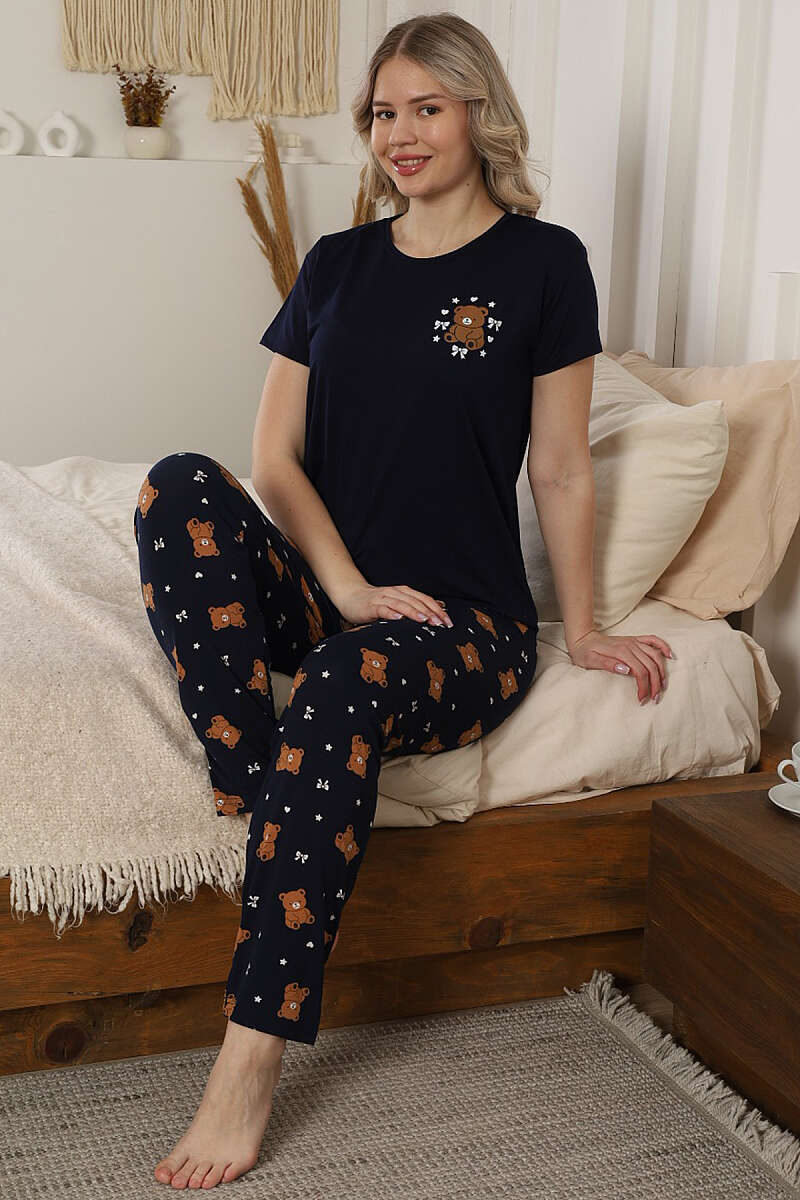 Kısa Kol Ayılı Pijama Takımı Lacivert