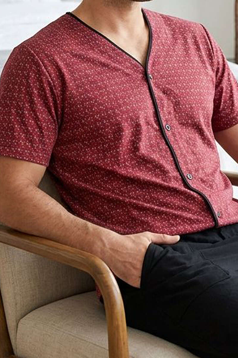 Kısa Kol Desenli Düğmeli Erkek Pijama Takımı