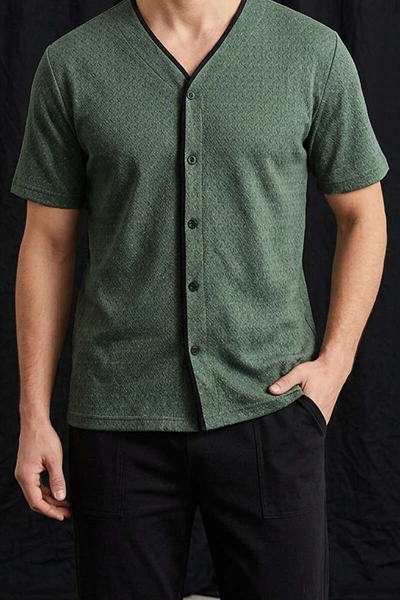 Kısa Kol Desenli Düğmeli Erkek Pijama Takımı Haki