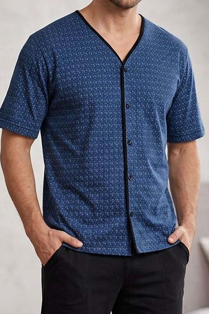 Kısa Kol Desenli Düğmeli Erkek Pijama Takımı Lacivert