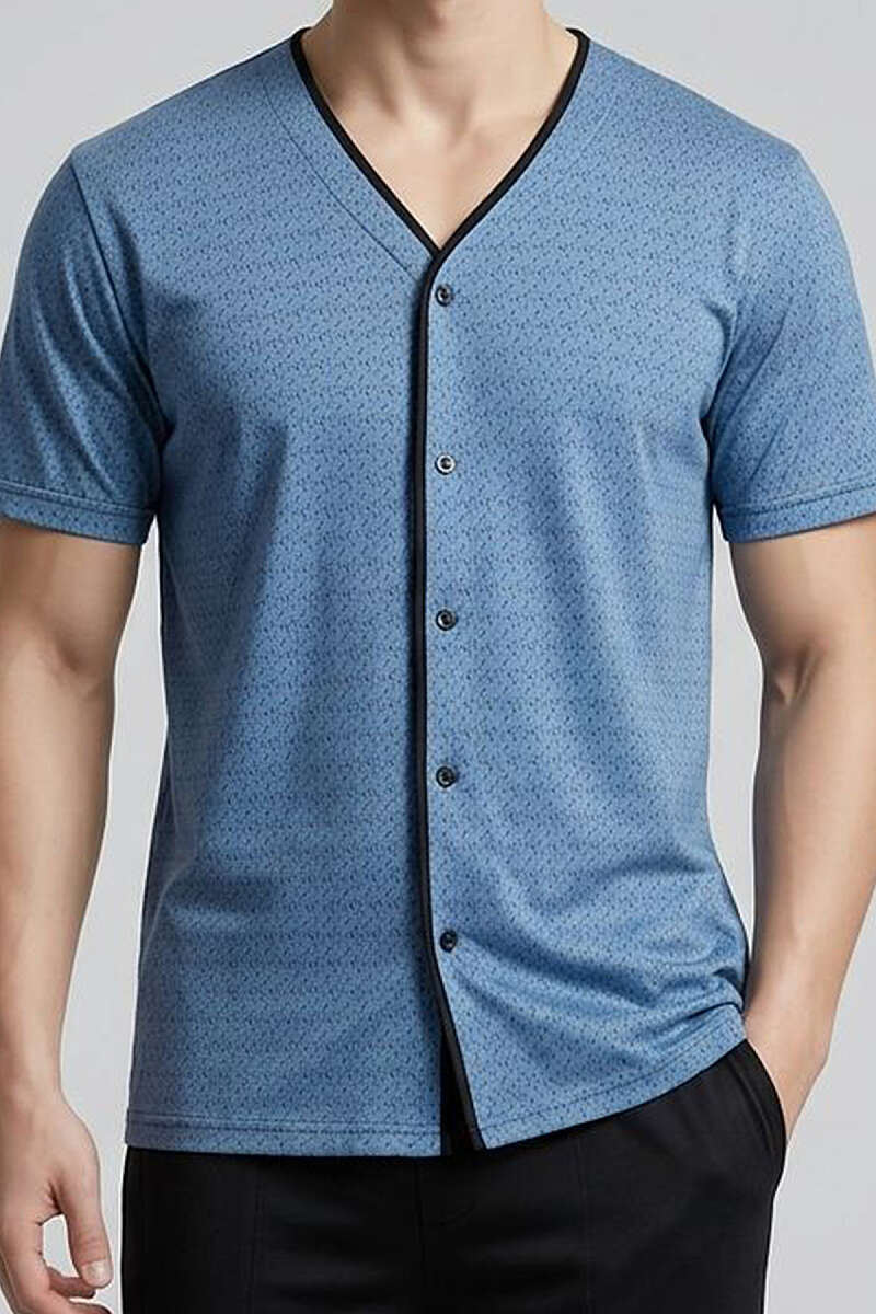 Kısa Kol Desenli Düğmeli Erkek Pijama Takımı Mavi