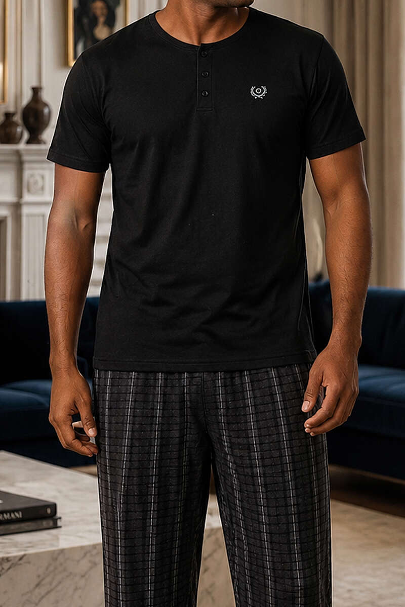 Kısa Kol Kare Çizgi Desen Erkek Pijama Takımı Antrasit