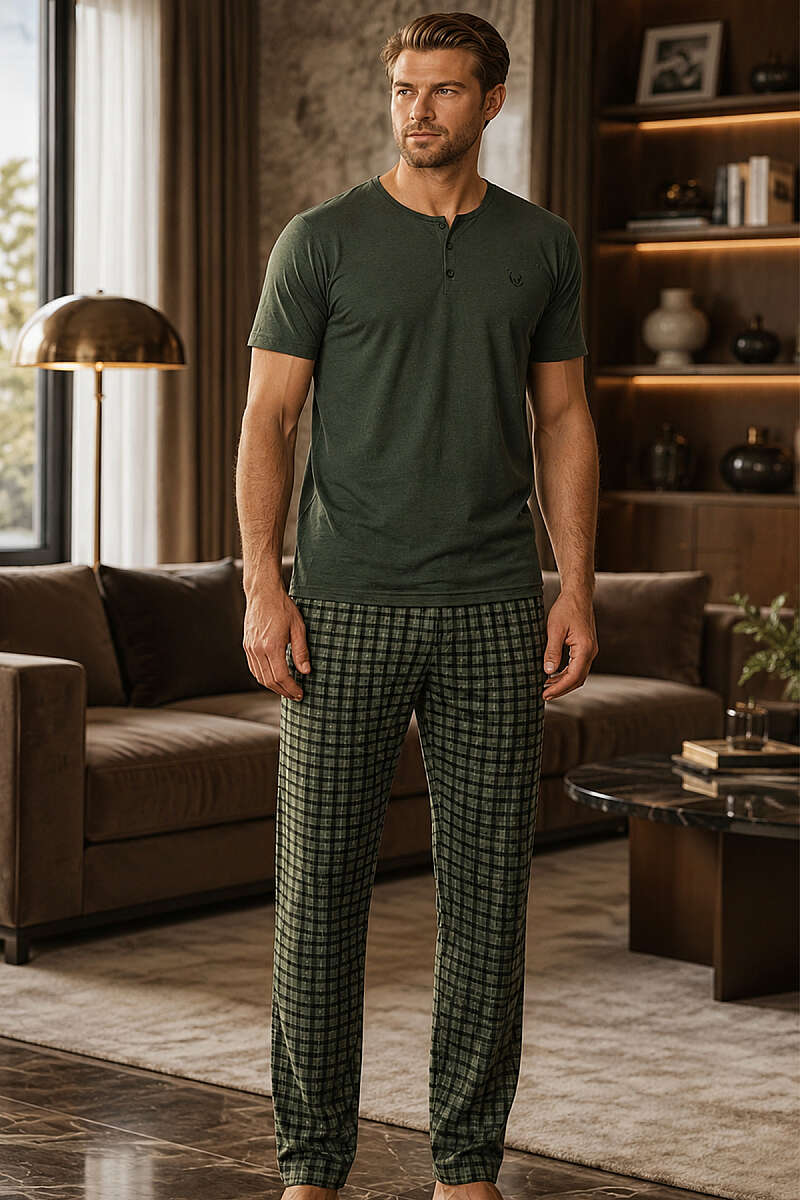 Kısa Kol Kare Çizgi Desen Erkek Pijama Takımı Haki