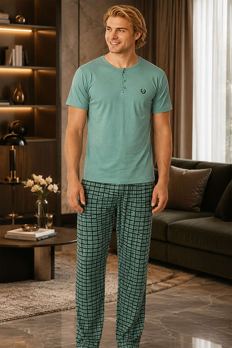 Kısa Kol Kare Çizgi Desen Erkek Pijama Takımı Mint