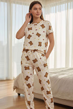 Kısa Kollu Bisiklet Yaka Desenli Pijama Takımı Asorti 11