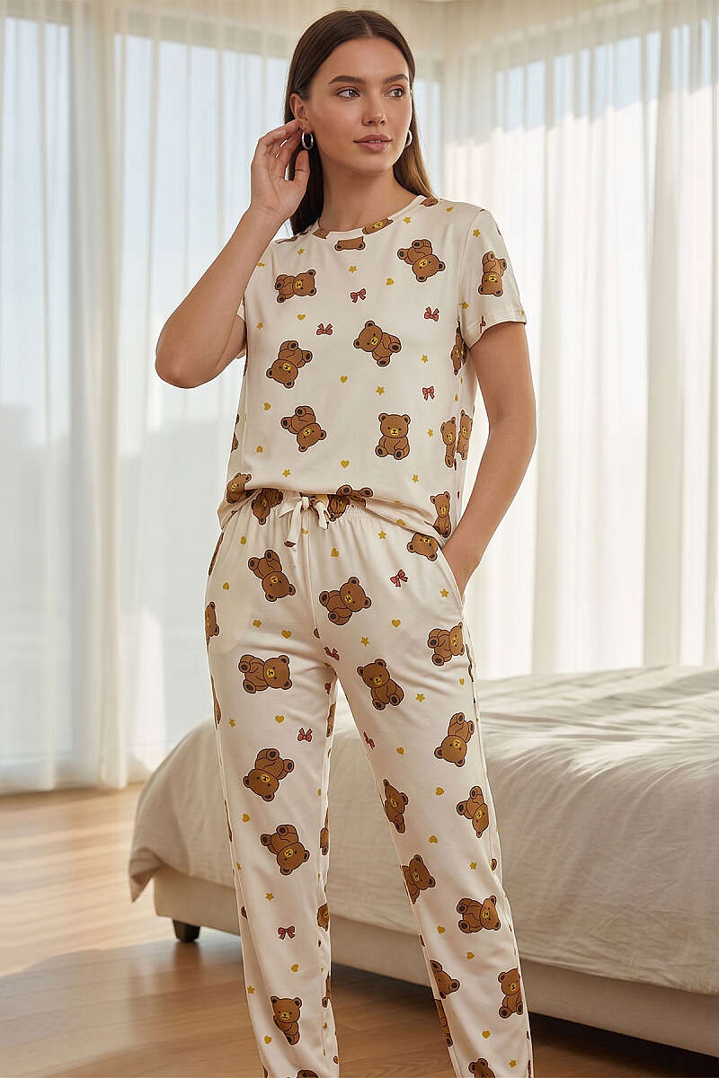 Kısa Kollu Bisiklet Yaka Desenli Pijama Takımı Asorti 11