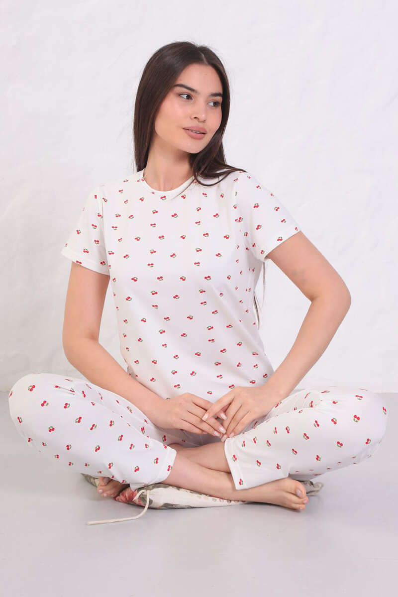 Kısa Kollu Bisiklet Yaka Desenli Pijama Takımı Asorti 4