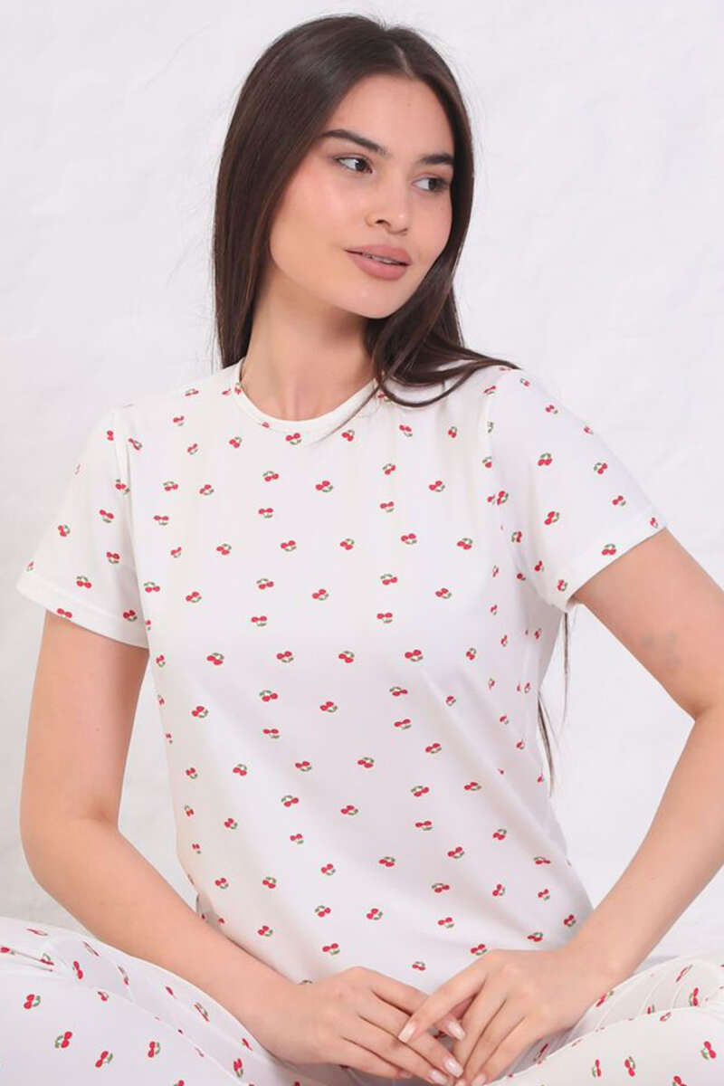 Kısa Kollu Bisiklet Yaka Desenli Pijama Takımı Asorti 4