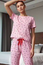Kısa Kollu Bisiklet Yaka Desenli Pijama Takımı Asorti 5