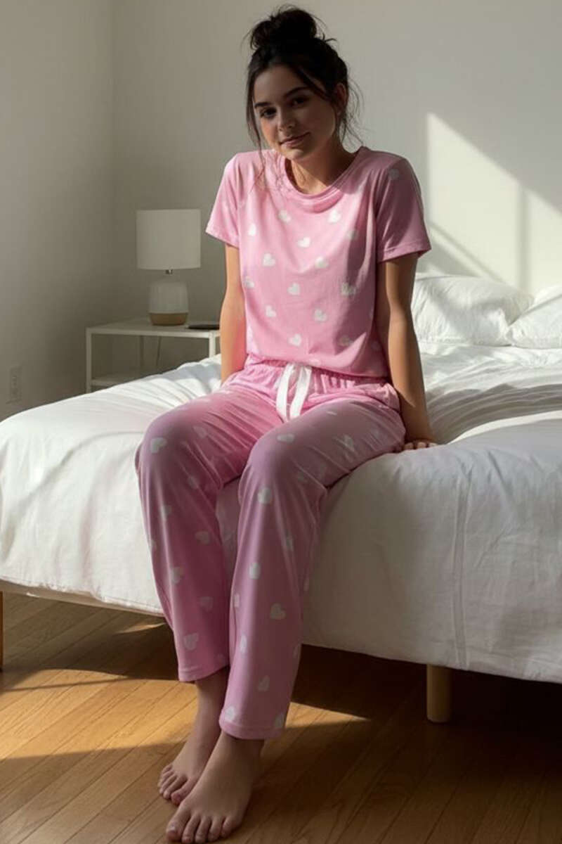 Kısa Kollu Bisiklet Yaka Desenli Pijama Takımı Asorti 7