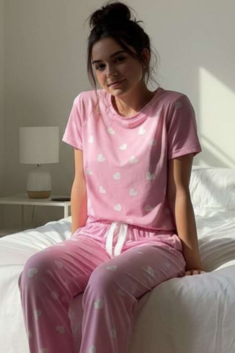 Kısa Kollu Bisiklet Yaka Desenli Pijama Takımı Asorti 7