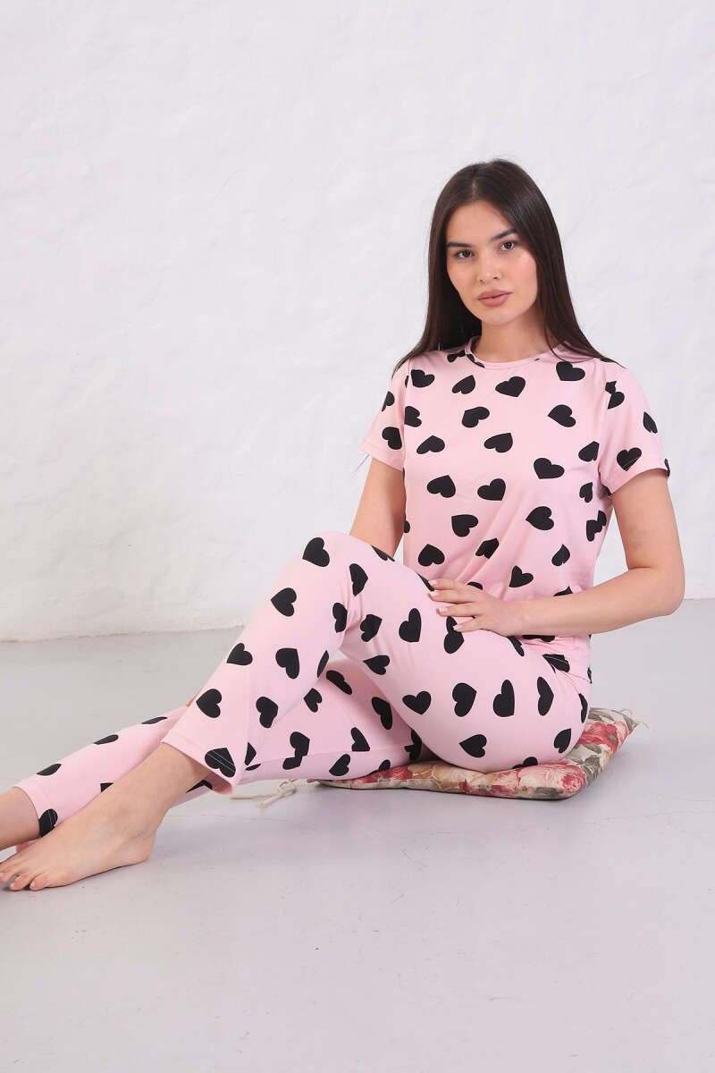 Kısa Kollu Bisiklet Yaka Desenli Pijama Takımı Asorti 8