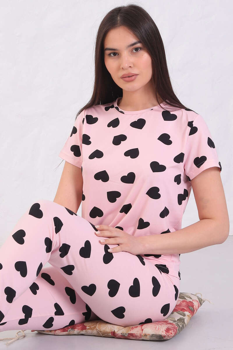 Kısa Kollu Bisiklet Yaka Desenli Pijama Takımı Asorti 8