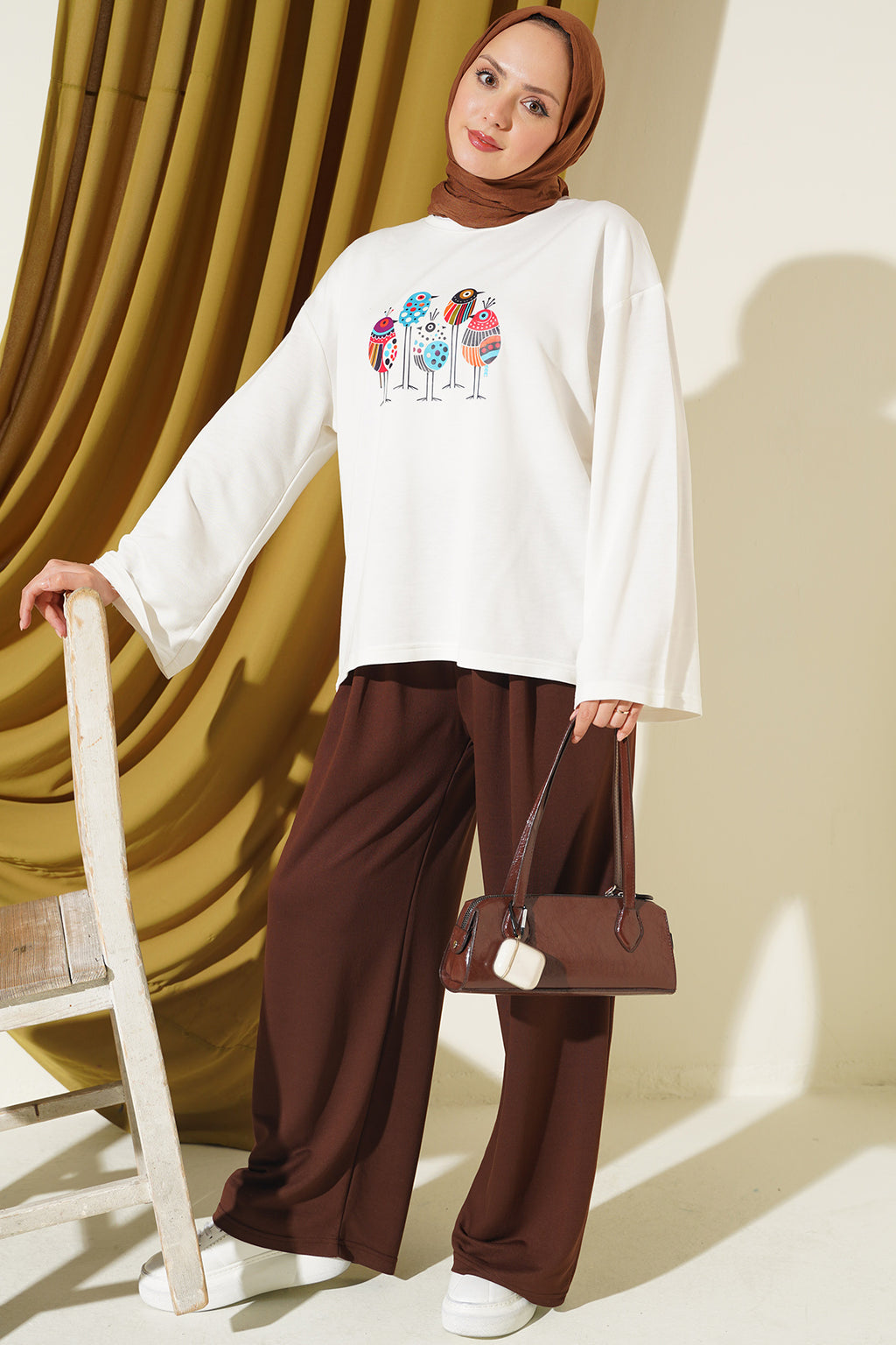 Crew Neck Printed Two-Piece Set Brown