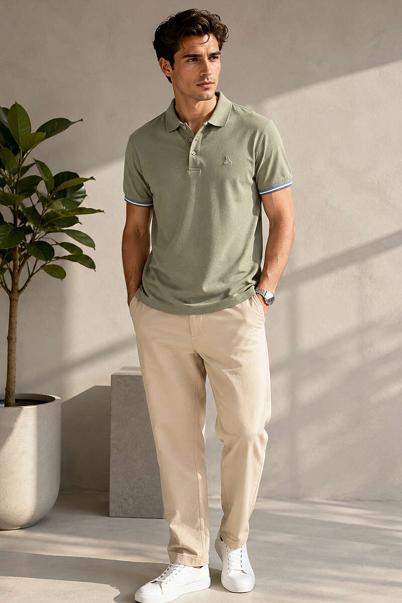 Kol Çizgili Polo Yaka Düğmeli Erkek T-shirt Haki