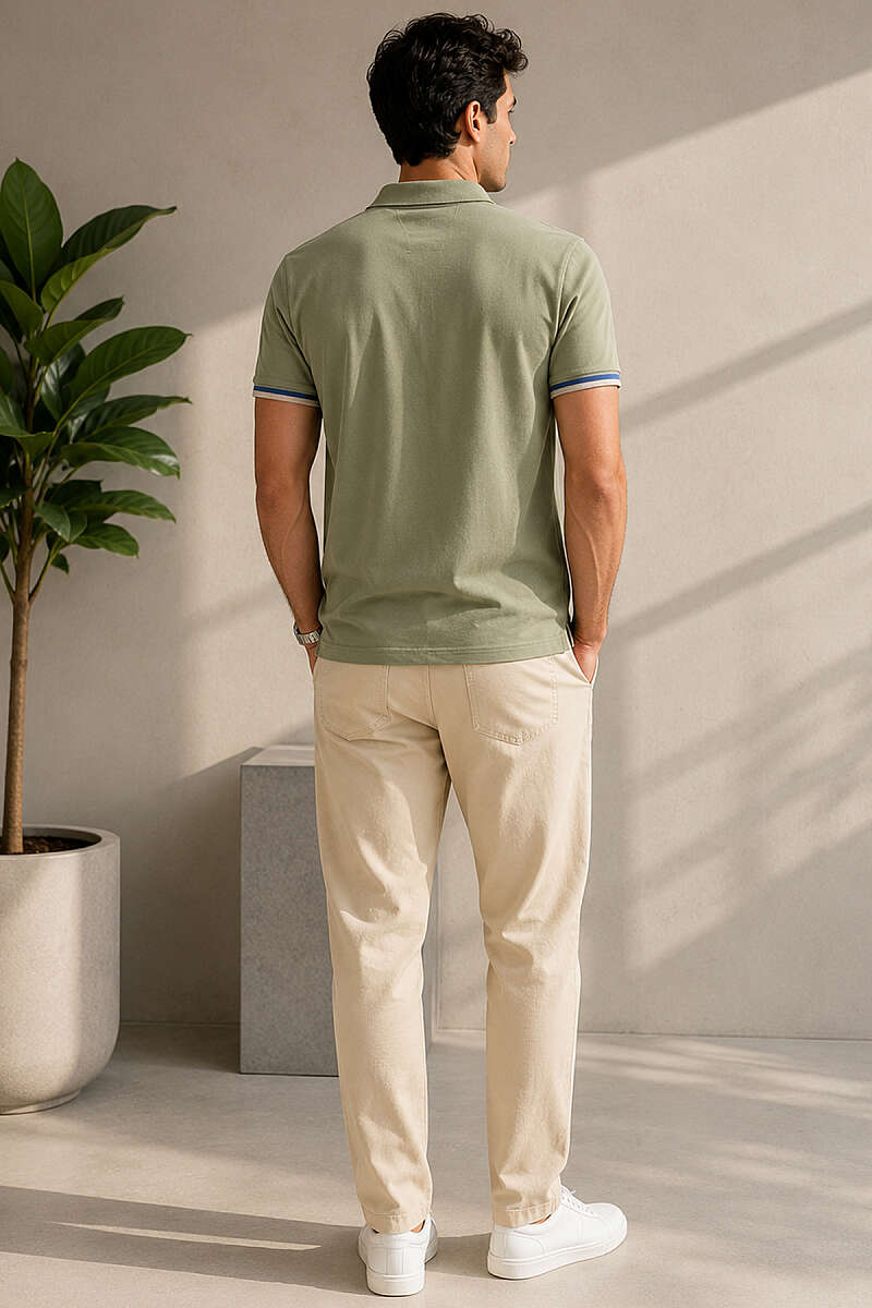Kol Çizgili Polo Yaka Düğmeli Erkek T-shirt Haki