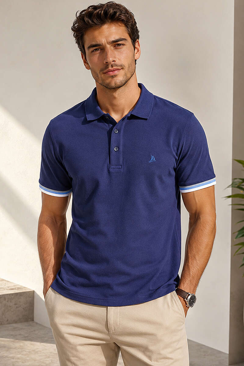 Kol Çizgili Polo Yaka Düğmeli Erkek T-shirt Lacivert