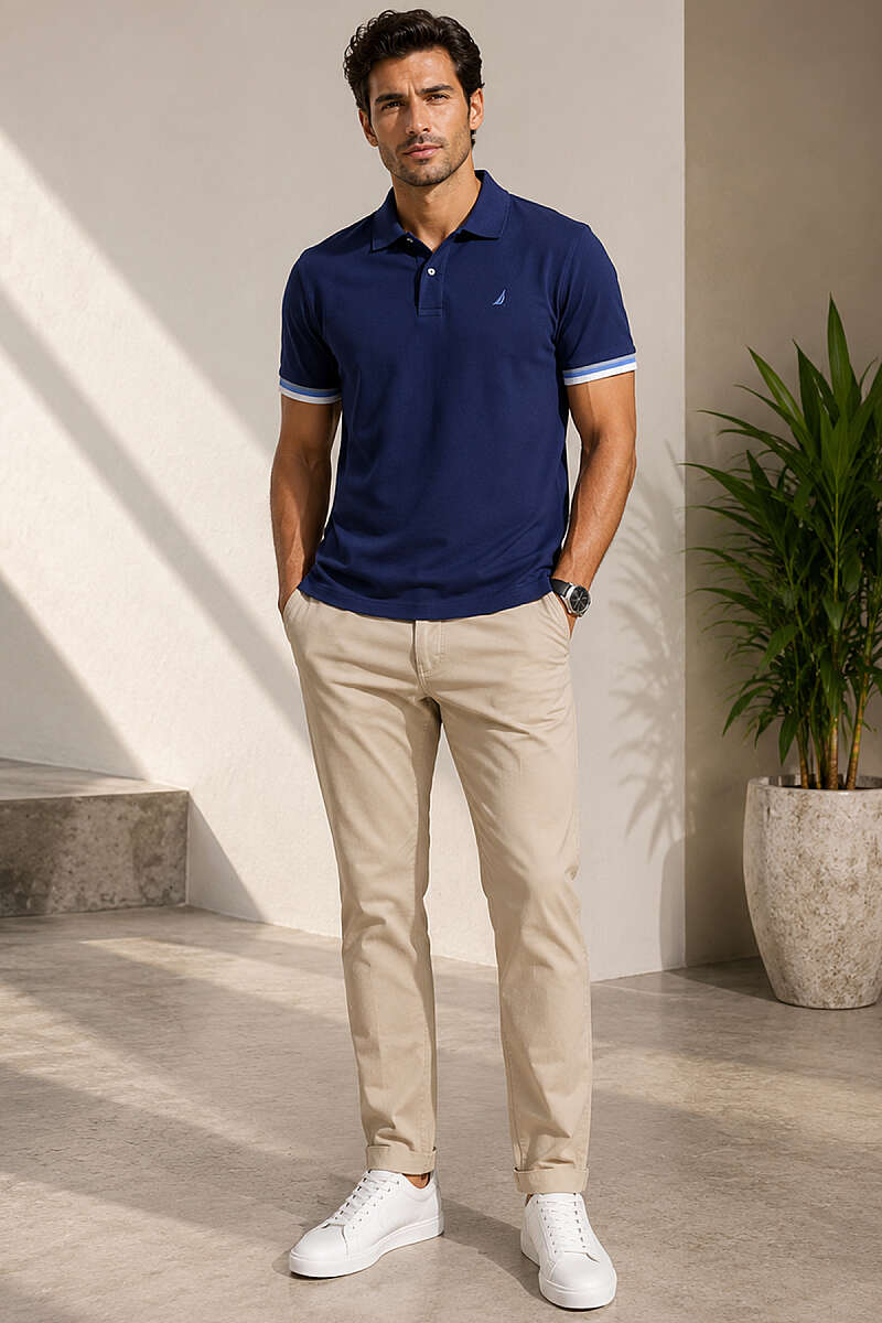 Kol Çizgili Polo Yaka Düğmeli Erkek T-shirt Lacivert