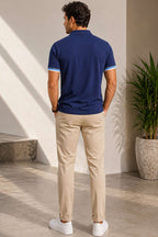 Kol Çizgili Polo Yaka Düğmeli Erkek T-shirt Lacivert