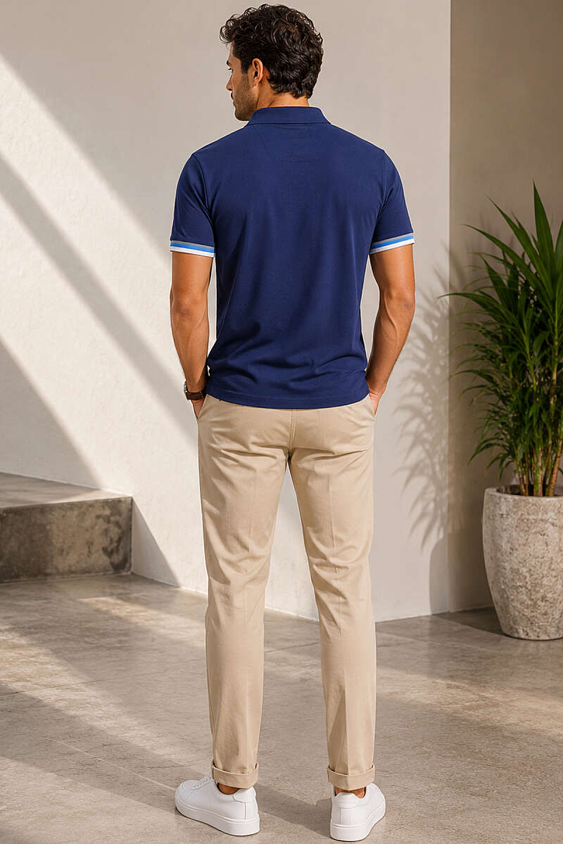 Kol Çizgili Polo Yaka Düğmeli Erkek T-shirt Lacivert