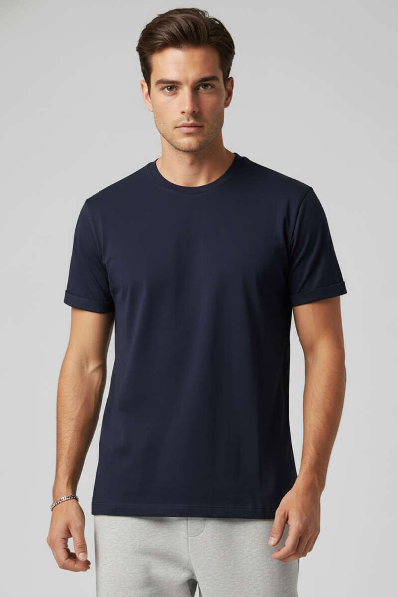 Kol Katlı Basic Erkek T-shirt Lacivert