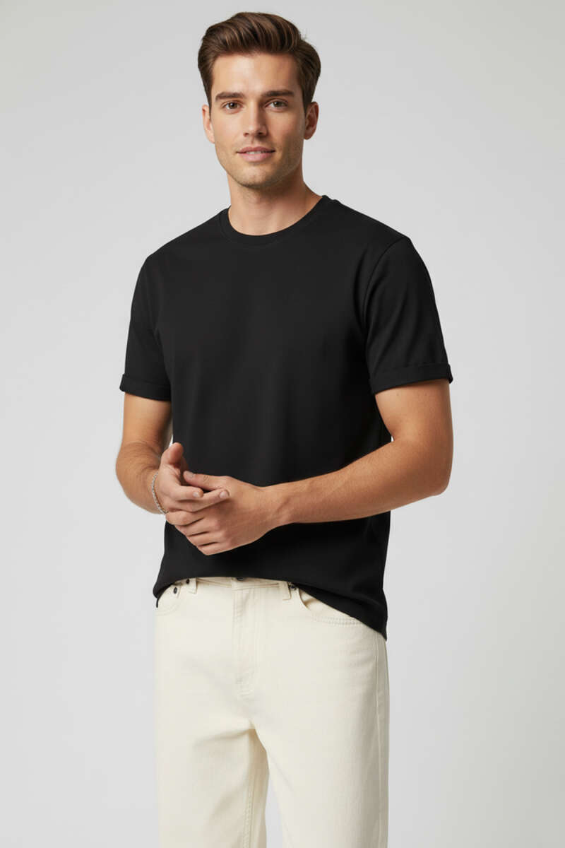 Kol Katlı Basic Erkek T-shirt Siyah