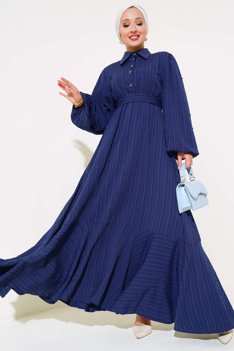 Belted Dress With Bead Detailed Sleeves
