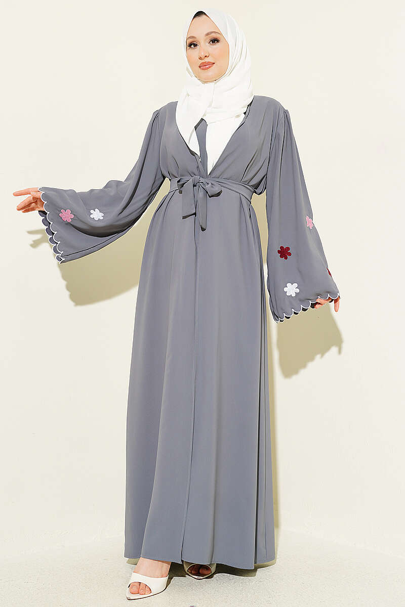 Kolları Çiçek Nakışlı Abaya Gri