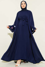 Kolları Çiçek Nakışlı Abaya Lacivert