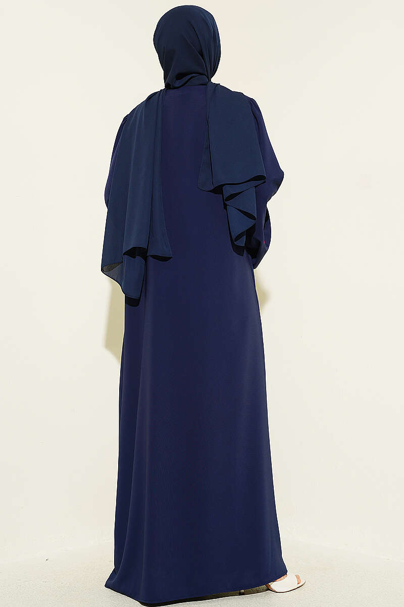 Kolları Çiçek Nakışlı Abaya Lacivert