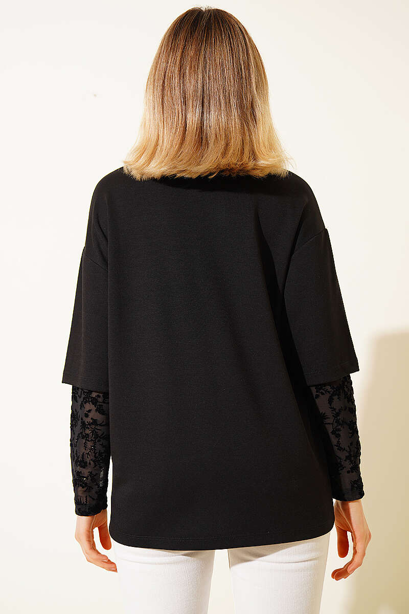 Kolları Dantel Garnili T-shirt Siyah