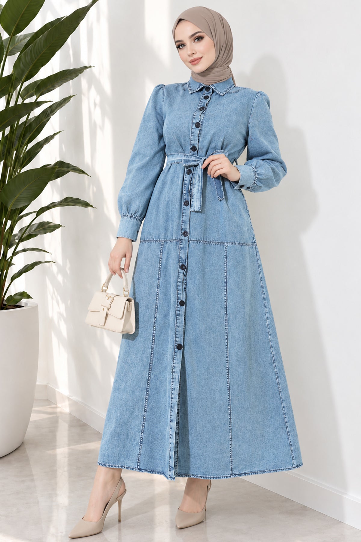 Full Length Buttoned Belted Shirt Collar Dress Denim Blue