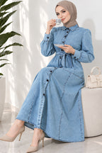 Full Length Buttoned Belted Shirt Collar Dress Denim Blue