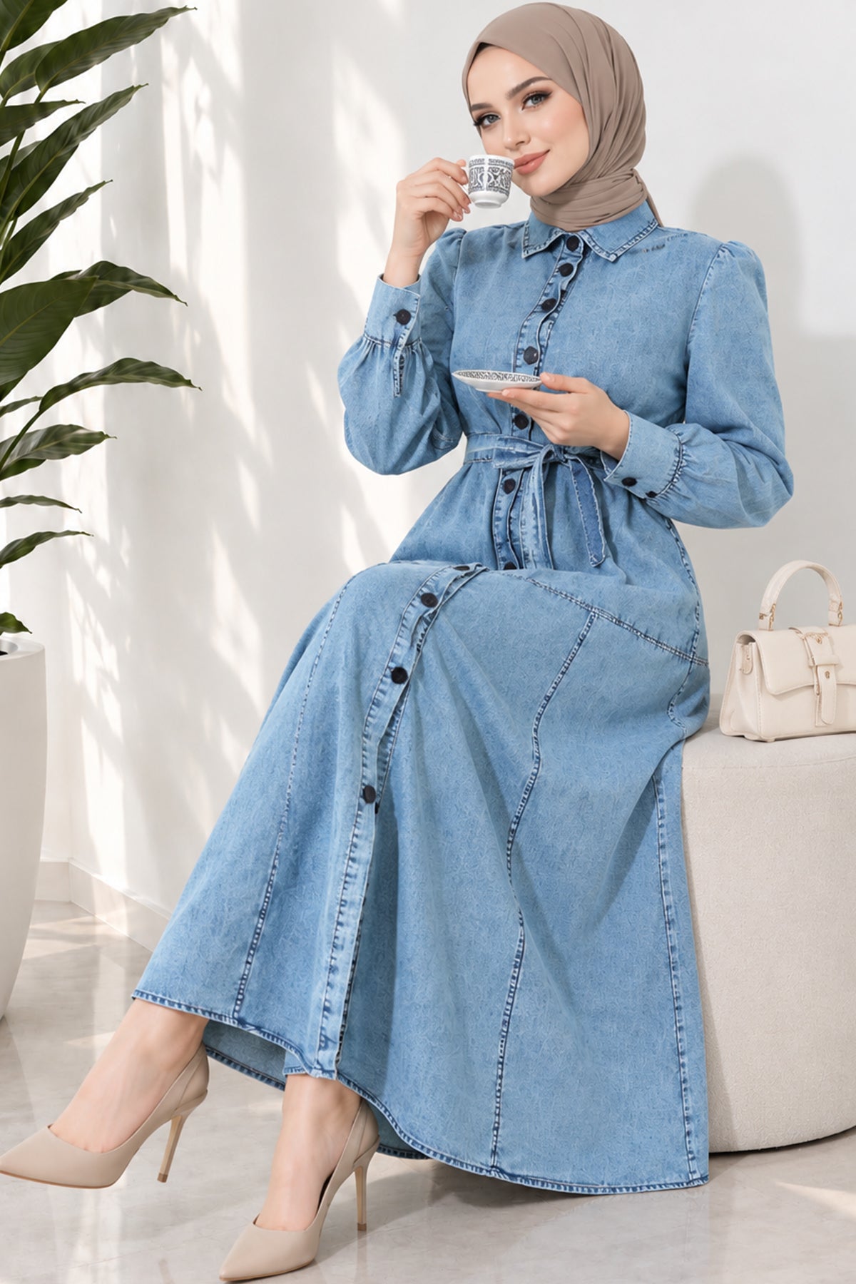 Full Length Buttoned Belted Shirt Collar Dress Denim Blue
