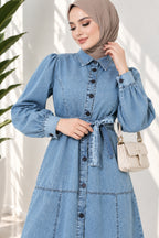 Full Length Buttoned Belted Shirt Collar Dress Denim Blue