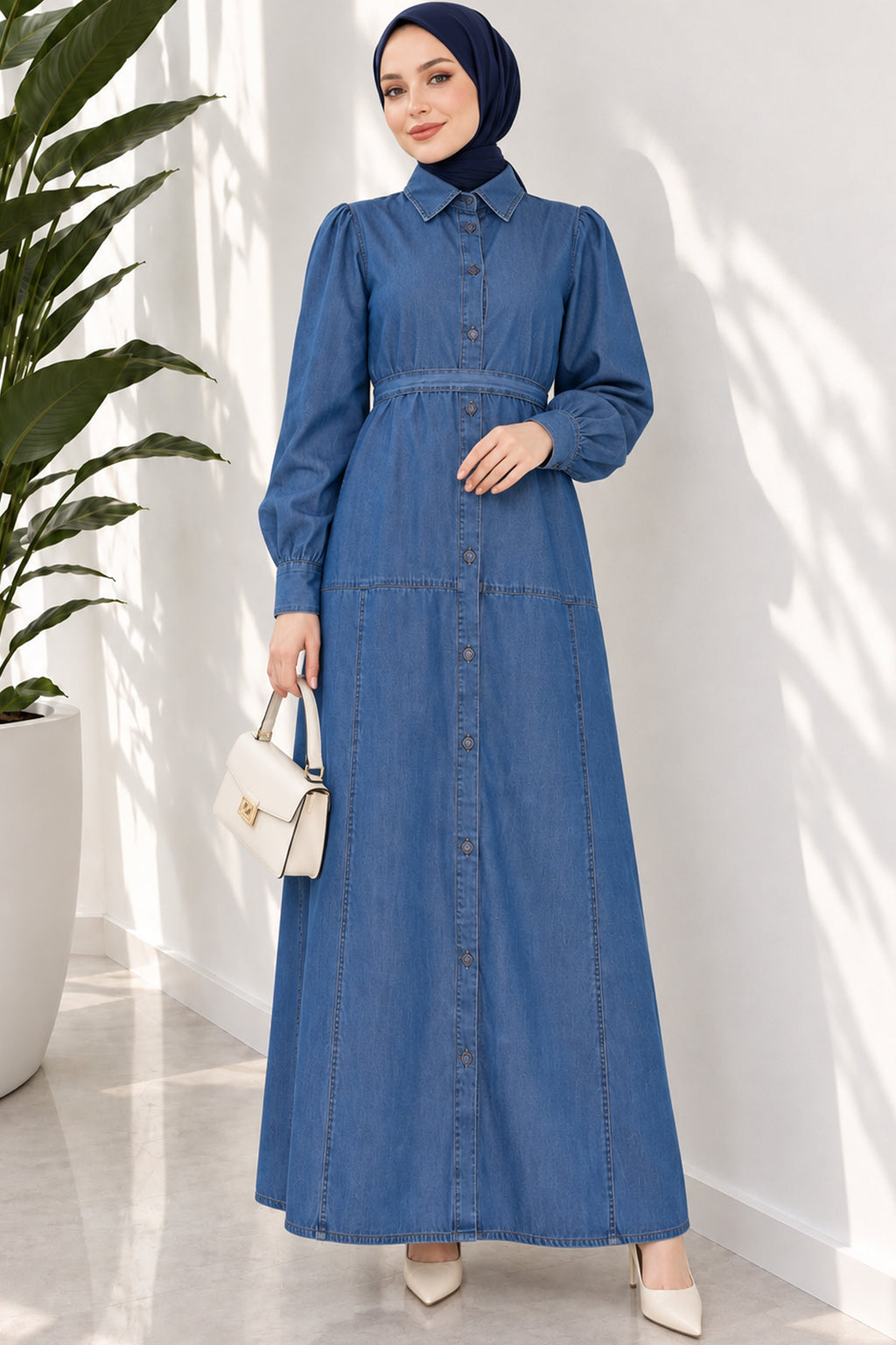 Full Length Buttoned Belted Shirt Collar Dress Denim Blue